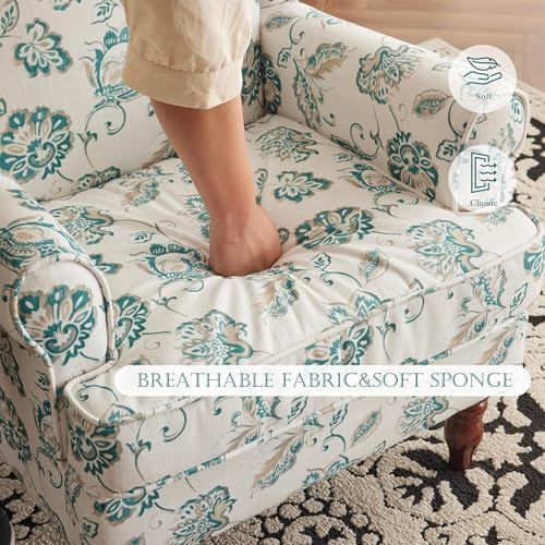 YOLENY Floral Accent Chair, High Back Upholstered Armchair with Solid Legs, Leisure Single Sofa Chair for Living Room, Bedroom, Home Office, Light Cyan Floral - Image 6