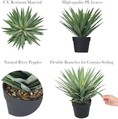 15 Inches Artificial Agave Plant for Indoor & Outdoor - Large Fake Agave Plant in Black Pot with Real Stone Pebbles, Modern Home Office Decor, 81 Leaves - Image 3