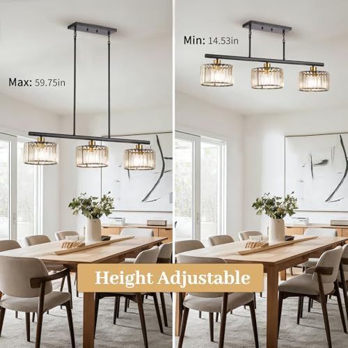 TALOYA Pendant Lights Kitchen Island Black and Gold, 3-Light Crystal Pendant Light Modern, Height Adjustable Chandelier Hanging Island Light Fixtures for Kitchen Dinning Room(Bulb Not Included) - Image 6