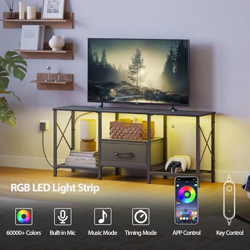 JARHETUN LED TV Stand with Fabric Drawer, Entertainment Center for 50 55 Inch TV, Industrial TV Console Table with Open Storage Shelves for Living Room, Bedroom, Black - Image 4