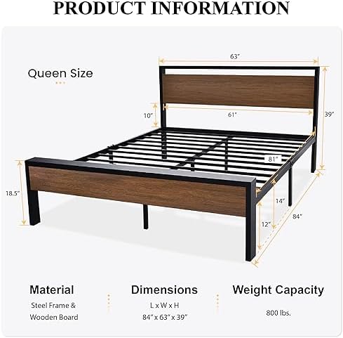 SHA CERLIN 14 Inch Queen Size Metal Platform Bed Frame with Wooden Headboard and Footboard, Mattress Foundation, No Box Spring Needed, Large Under Bed Storage, Non-Slip Without Noise, Walnut - Image 2