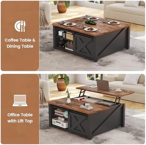 SEDETA 31.5" Lift Top Coffee Table with Storage, Square Coffee Tables for Living Room, Farmhouse Coffee Table with Large Hidden Storage Compartment and Adjustable Shelves, Black - Image 4