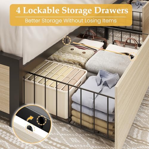 Lifezone King Bed Frame with 2-Tier Storage Headboard, Metal Platform Bed Frame with 4 Storage Drawers, Built in Charging Station & LED, Noise-Free/Metal Support/No Box Spring Needed, Beige - Image 6