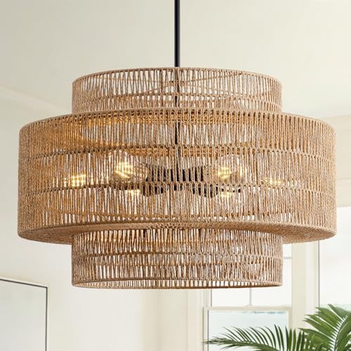 24" Rattan Chandelier for Dining Room, Large Boho Pendant Light by InterMaka