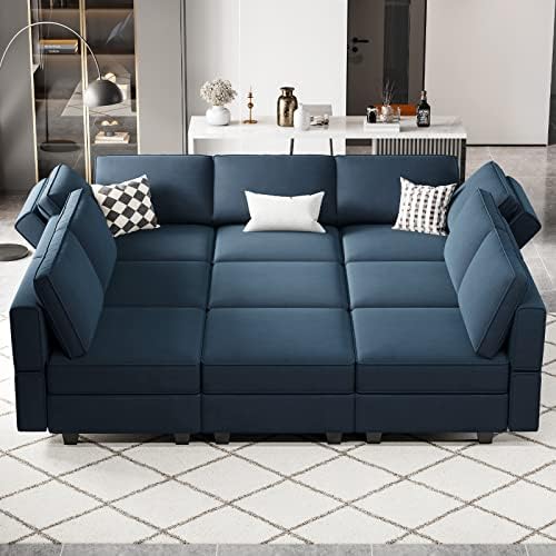 Belffin Modular Sectional Sofa with Ottomans Velvet Reversible Sleeper Sectional Sofa with Chaise Modular Sleeper Sofa Bed with Storage Seat Blue by Belffin