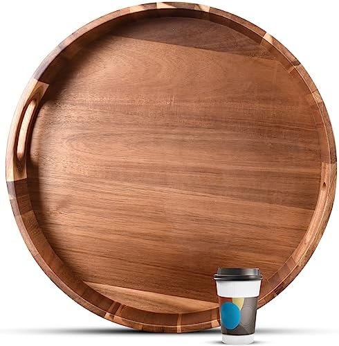 Extra Large Round Serving Tray, 20INCH, Heavy Duty Acacia Wood Trays for Big Ottoman Coffee Table Counter Giant Decorative Organizer Tray, Huge Kitchen Serveware Cheese Board Charcuterie Tray by DecentVrvege