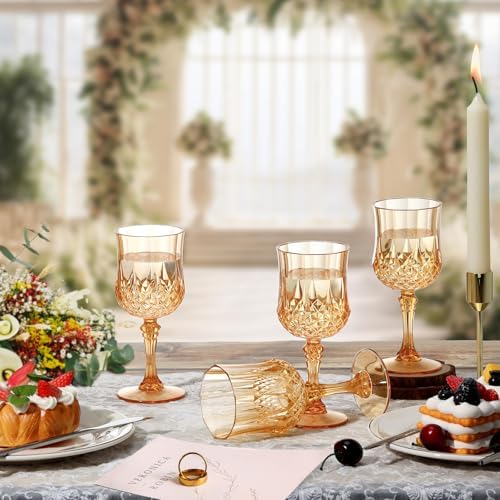 XUWAIDSGN 16 Pcs 7oz Plastic Vintage Wine Glasses Drinking Glasses Unbreakable Wedding Glassware Crystal Water Goblets Reusable Drinkware Vintage Champagne Flutes (16, Amber) - Image 6