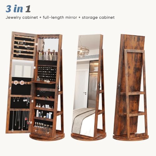 OLIXIS 360° Swivel Jewelry Cabinet with Light, Lockable Full Length Mirror - Image 4