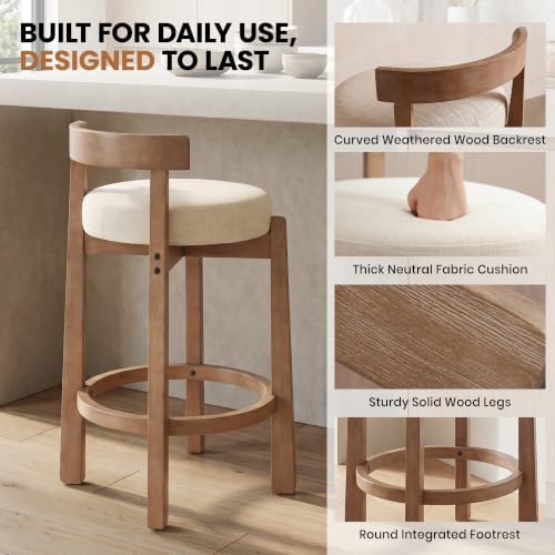 LukeAlon Mid Century Linen Counter Stools Set of 6, Upholstered 26.5” Seat Height Low Barstools with Natural Wood Legs Round Low Back Kitchen Stools with Footrest for Dining Room, Beige - Image 3