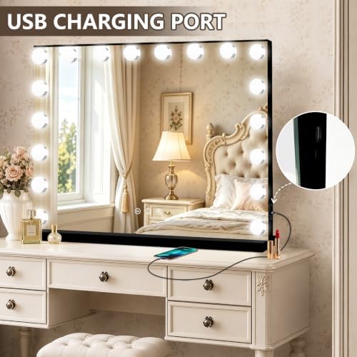 Ratsamee Black Hollywood Vanity Mirror with Lights, 18 Dimmable Bulbs, 3 Color Lights,Make Up Lighted Mirror, Aluminum Metal Frame, USB Charging Port（32" x 24"） - Image 5