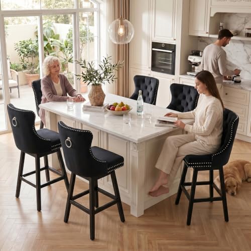 SoarFlash Kitchen Swivel Bar Stools with Solid Wood Legs Upholstered Counter Stools Set of 6, Black - Image 3