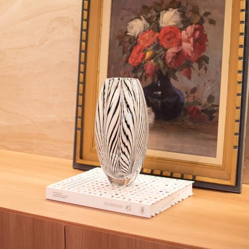 Murano Style Glass Vase Hand Blown Black and White Feather Pattern Effect - Image 5