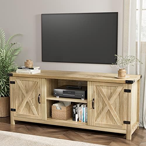 YESHOMY Modern Farmhouse TV Stand with Barn Doors for 65 Inch TV, White Oak by SearchallYESHOMY
