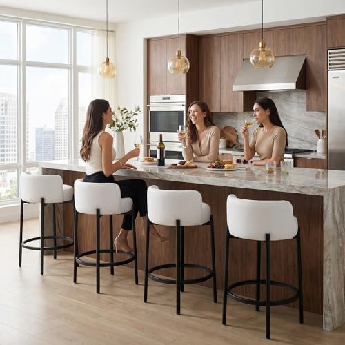 LukeAlon Modern PU Leather Counter Stools Set of 2, Upholstered 26" Seat Height Barstools with Black Metal Legs Round Low Back Kitchen Stools with Footrest for Dining Room Small Places, Cream White - Image 6