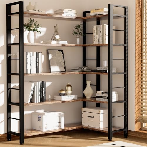 INNOD 65" X 50" Straight Wide 5 Tier Bookshelf with LED Light, L Shaped Bookcase with Adjustable Feet, Corner Book Case with 10 Open Shelves, Shelf Unit Display Shelf for Living Room, Home Office - Image 5