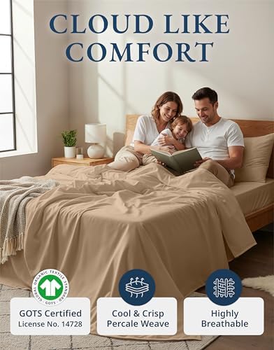 LANE LINEN 100% Organic Cotton Sheets Set Pure Long- Staple Percale Weave - Bedding for Bed Fits Mattress Upto 15in Deep Pocket (Twin Taupe) - Image 2