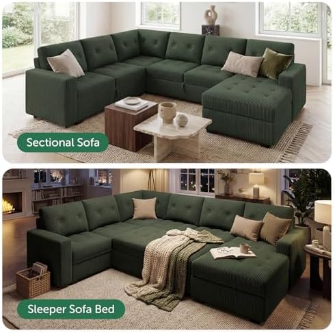 HONBAY Modular Sectional Sleeper Sofa with Pull Out Bed, U Shaped Sleeper Couches with Storage Chaise, 114'' Sleeper Sectional Sofas for Living Room, Apartment (Velvet Green) - Image 4