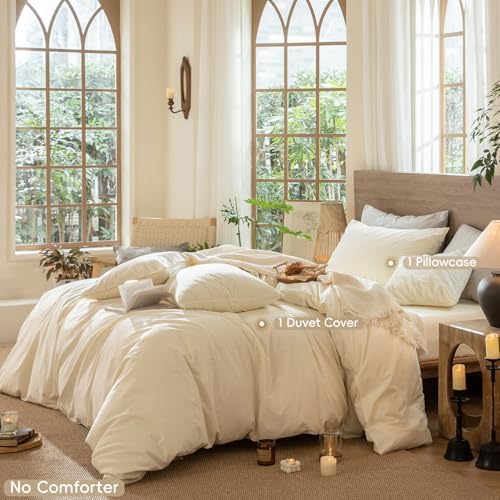 MooMee Wavy Striped Duvet Cover Set 100% Washed Cotton Linen Like Textured Breathable Durable Soft Comfy (Cream White, Twin 68"x90") - Image 2