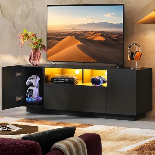 WLIVE TV Stand with LED Lights & Large Storage Cabinet, Modern Entertainment Center for 32/43/50/55 Inchs TVs, Sturdy Media Console for Living Room, Bedroom,Gaming(Black) - Image 2