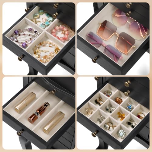 Standing Jewelry Armoire Cabinet, Large Freestanding Jewelry Organizer Box with Mirror, 7 Drawers & 2 Side Doors, Jewelry Chest for Rings Earrings Necklaces Bracelets Watches Glasses (Black) - Image 5