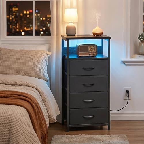 Fixwal Night Stand with Charging Station, Black Led Nightstand, 4 Drawers - Image 2