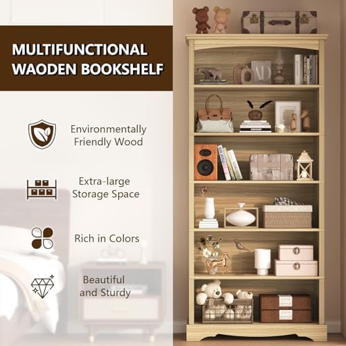 TVU 6-Tier Wooden Bookshelf, 76 Inch Tall Bookshelf with Storage, Floor Standing Modern Style Display Bookcase for Living Room, Office, Study Room, Entryway, Natural Wood Color - Image 3