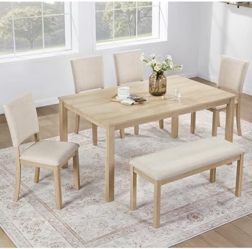 VilroCaz Farmhouse 6 Piece Dining Table Set, Wooden Rectangular Kitchen Table Set with 4 Upholstered Chairs and Bench for Living Room, Kitchen, Dining Room - Image 2