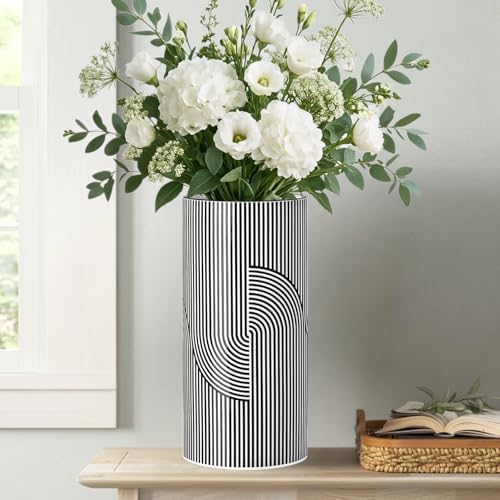 Torre & Tagus 12" Tall Black and White Ceramic Vase for Flowers - Big White Vase with Black Stripes, Gloss Finish & Large Opening for Flower Bouquets or Centerpiece (Monochrome Linear Curve) - Image 2