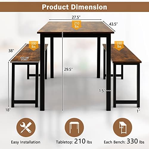 GIANTEX Dining Table Set for 4, Industrial Kitchen Table Set w/ 2 Benches, Space-Saving Dinette Set for Breakfast Nook, Dining Room, Kitchen, Easy Assembly (Mix Brown) - Image 4