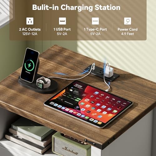 Decofy Farmhouse Nightstand with Charging Station, 2 Drawers - Image 4