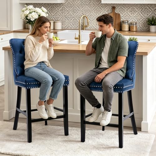 SoarFlash Modern Velvet Upholstered Bar Stools Set of 2 with Wood Legs, Button Tufted,Chrome Nailhead, Counterstool Seat, Armless Bar Chairs (Blue) - Image 5