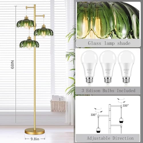QIYIZM Glass Floor Lamp for Living Room,Bedroom,Mid Century Modern Standing Lamp Brass Tree 3 Light Tall Floor Lamps Vintage Retro Floor Lights Gold Green Flower Lamp Shade Farmhouse Boho Bohemian - Image 4