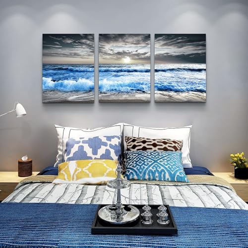 MHARTK66 3 Panel Blue Beach Canvas Wall Art for Home Decor Bedroom Wall painting Sunset White Wave Beach Pictures on Canvas Sea View Canvas Prints Artwork for Wall Decor Living Room Decorations - Image 4