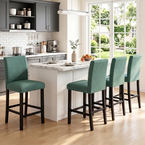 LSSPAID Counter Height Bar Stools Set of 2, 25 Inch Upholstered Fabric Barstools, Modern Kitchen Island Chairs with Backrest and Solid Wood Legs, Green by LSSPAID