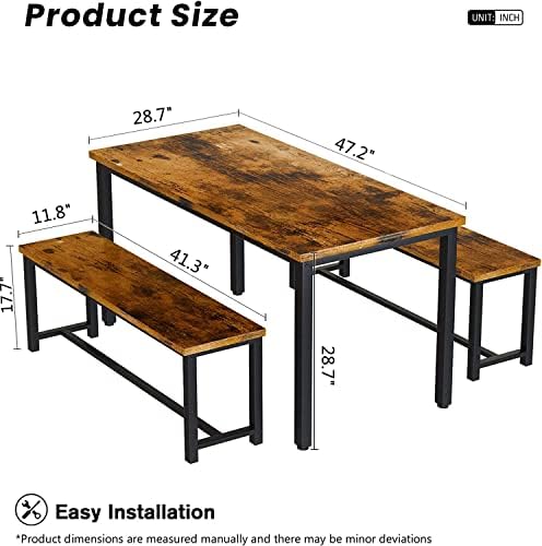 Dining Room Table Set with 2 Benches, Farmhouse Dining Table Set for 4-6, Wood Breakfast Table Set Dinner Table Set Kitchen Table and Chairs for Breakfast Nook Small Spaces, Brown - Image 5
