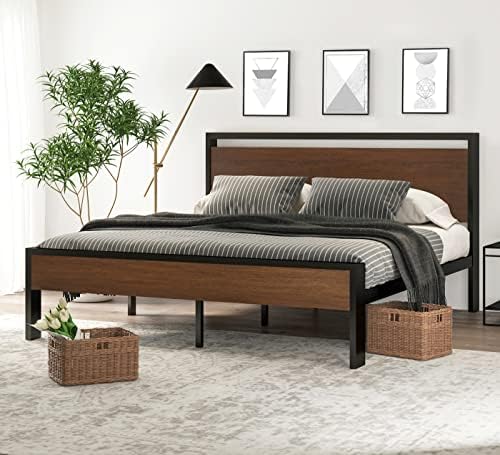 SHA CERLIN 14 Inch King Size Metal Platform Bed Frame with Wooden Headboard and Footboard, Mattress Foundation, No Box Spring Needed, Large Under Bed Storage, Walnut by SHACERLIN