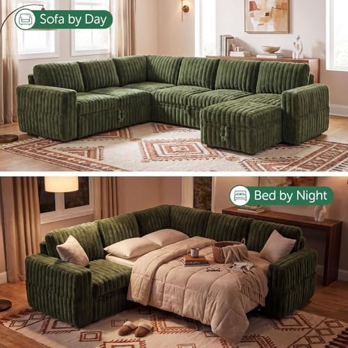 HONBAY Plush Corduroy Modular Sectional Sofa with Pull Out Bed, Convertible U Shaped Couch with Storage,Sleeper Sectional Couches for Living Room,Plush Green - Image 4