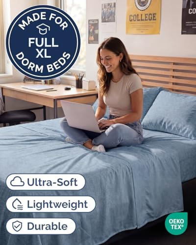 Full XL Sheets - 4 Piece Full XL Sheet Set - Breathable - Heathered Blue - Image 2
