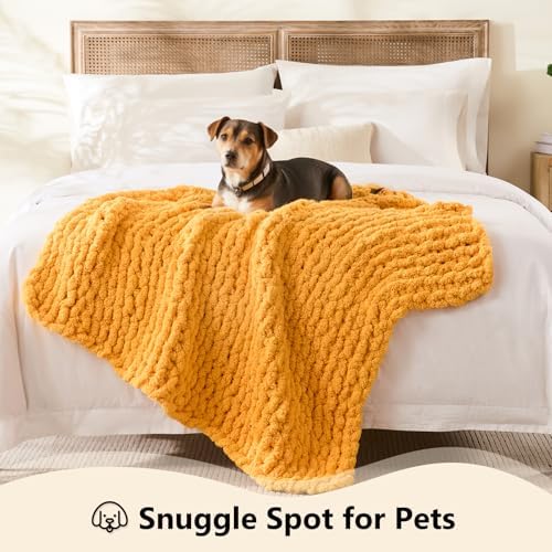 L'AGRATY Chunky Knit Throw Blanket for Couch, 40 x 50 Inches Mustard Yellow - Image 3