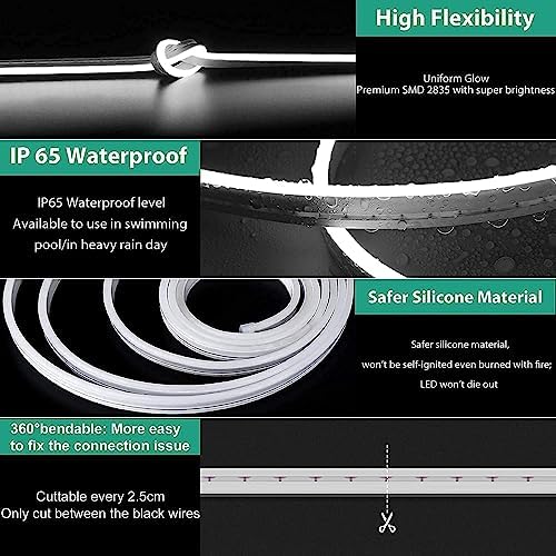 Lamomo LED Strip Lights, White Dimmable Neon Rope, 16.4ft, Waterproof - Image 4