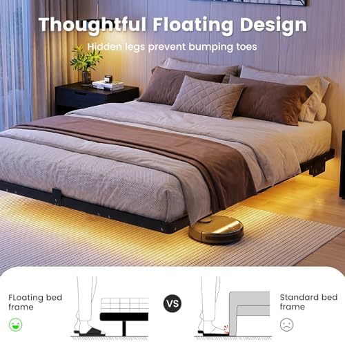 Liians Queen Floating Bed Frame with Smart LED Lights, USB Charging Station - Image 4