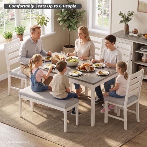 ROCSUMOO 6-Piece Dining Table and Chair Set with 4 Chairs & 1 Bench, Grey - Image 3
