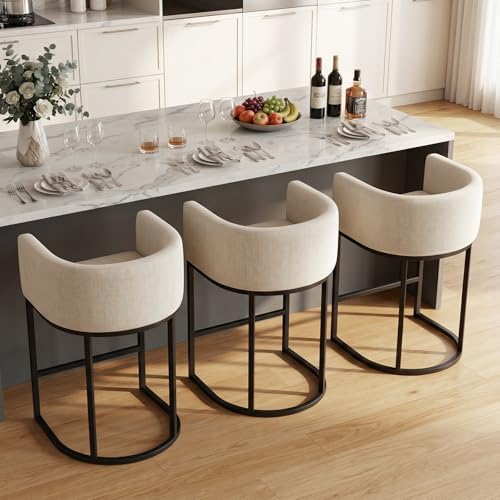 Counter Height Bar Stools Set of 3, 24 Inch Seat Height Barstools for Dining Room, Fabric Upholstered Bar Chair for Kitchen Island, Linen Counter Stools with Metal Legs, Beige by KRAMZMINGQualityHome