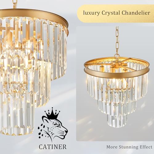 CATINER 16" Modern Crystal Chandeliers,6 Lights Gold Round Light Fixture - Image 4