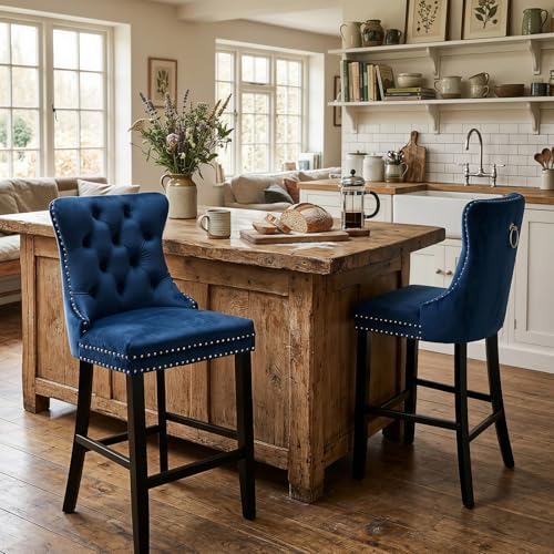 SoarFlash Modern Velvet Upholstered Bar Stools Set of 2 with Wood Legs, Button Tufted,Chrome Nailhead, Counterstool Seat, Armless Bar Chairs (Blue) by SoarFlash
