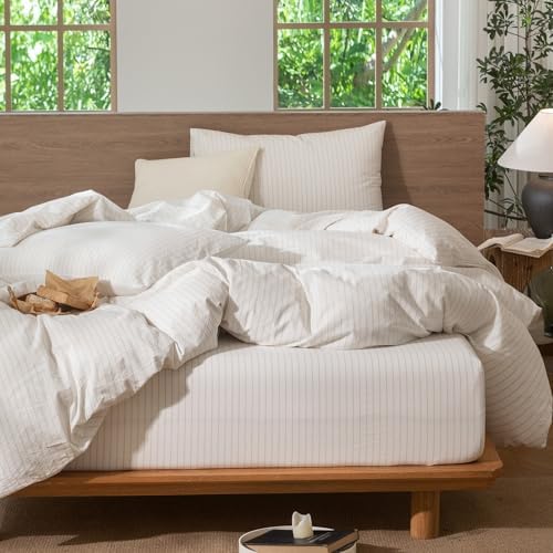 MooMee Striped Duvet Cover Set 100% Washed Cotton Linen Like Oversized Full - Image 4
