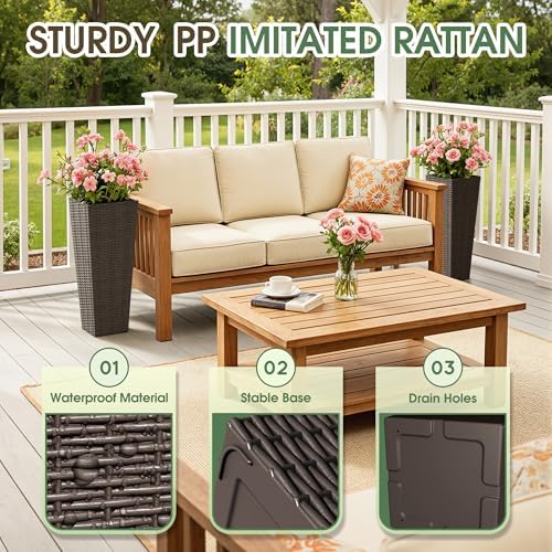 Greesum 23 Inch Tall Plastic Planters with Rattan Texture – Set of 2, Brown - Image 2
