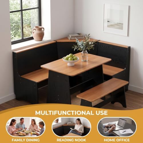 Farmhouse Breakfast Nook Table Set with L-Shaped Bench & Storage, Reversible Seating for 3-4, Easy-Clean Waterproof Laminate, Space-Saving Corner Design (Black + Natural) - Image 6