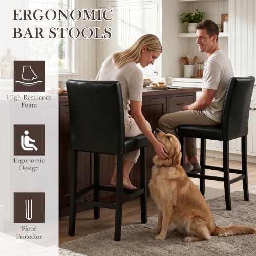 GOTMINSI Set of 2 Classic 24 Inches Counter Height Stools Upholstered Bar Stools with Solid Wood Legs and Black Leather Counter Stool(PU Black) - Image 3