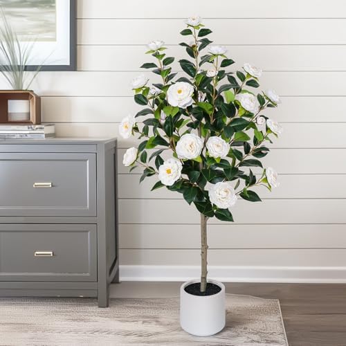 Yepdin 47 inch Artificial Camellia Tree with White Flower Pots -2 Pack White Fake Tree,4 Ft Faux Plants Indoor wich Blooming,Artificial Plants for Indoor & Outdoor Home Front Door Decor - Image 6